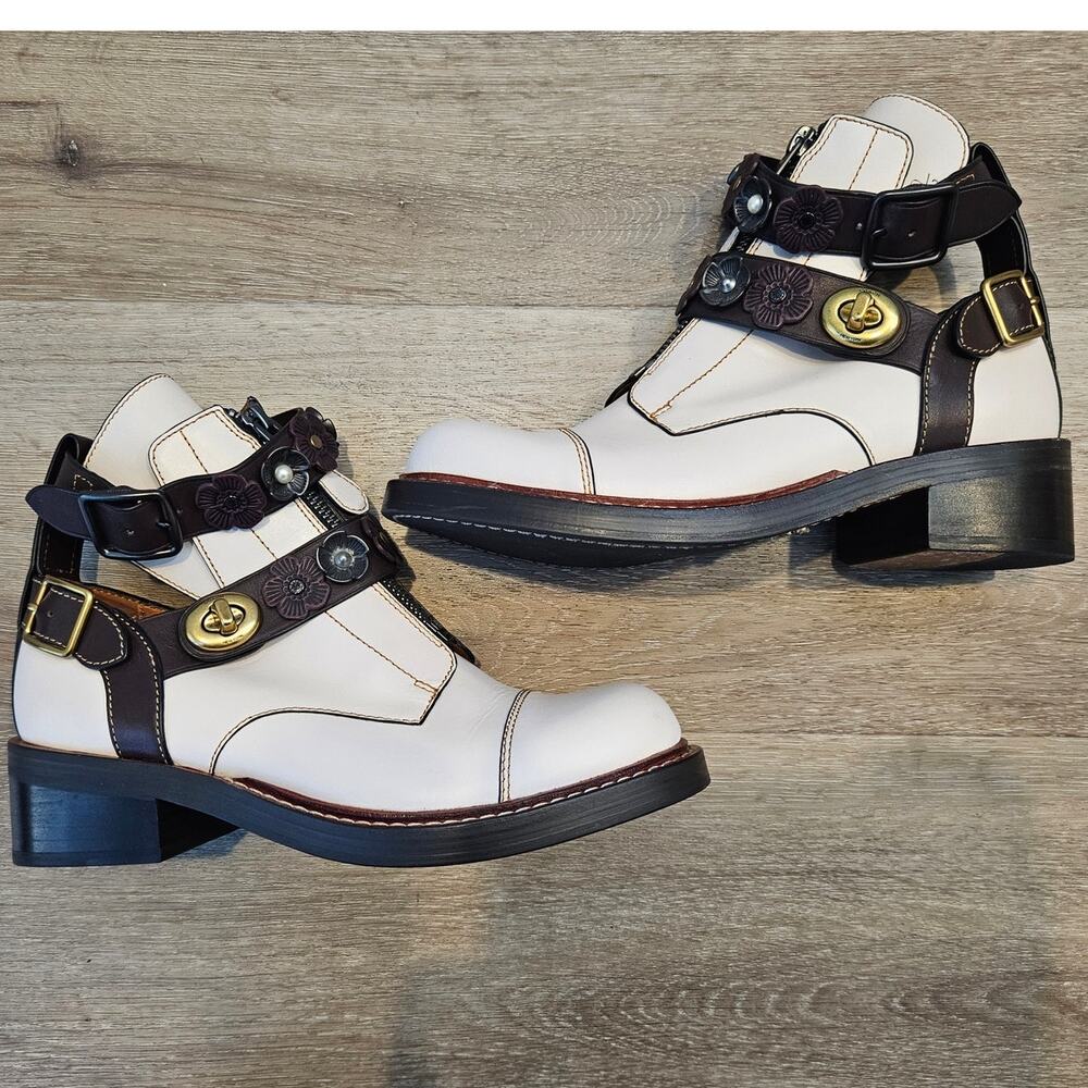 Coach Chalk Oxblood Moto Cutout Bootie 7B Buckle Flowers Mixed Metal Glam Casual - Picture 6 of 12